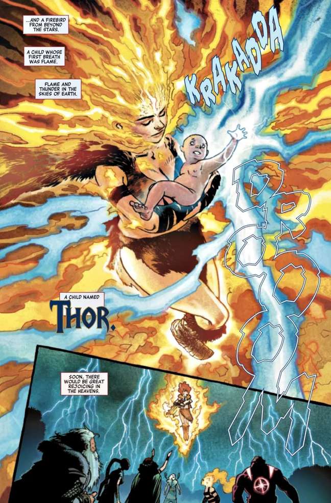 Fênix usou seu fogo mágico para salvar a vida do bebê Thor (Imagem: Reprodução/Marvel Comics) Fênix usou seu fogo mágico para salvar a vida do bebê Thor (Imagem: Reprodução/Marvel Comics)