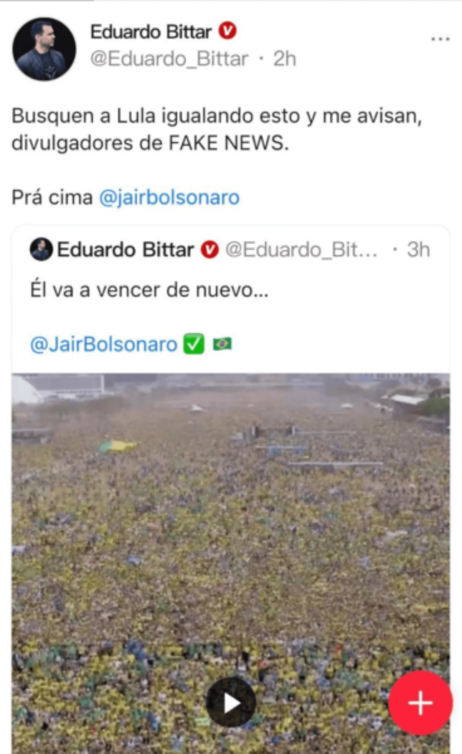 Publicação de Bittar sobre alcance das manifestações bolsonaristas/Reprodução Publicação de Bittar sobre alcance das manifestações bolsonaristas/Reprodução