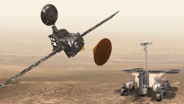 Representação artística da missão ExoMars. Da esq. para a dir.: sonda orbital Trace Gas Orbiter (TGO), módulo Schaparelli, e rover ( Representação artística da missão ExoMars. Da esq. para a dir.: sonda orbital Trace Gas Orbiter (TGO), módulo Schaparelli, e rover (