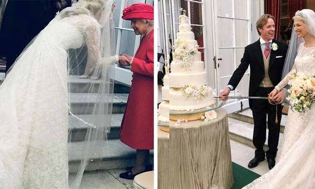The Queen with the bride, her cousin Lady Gabriella, on their wedding day