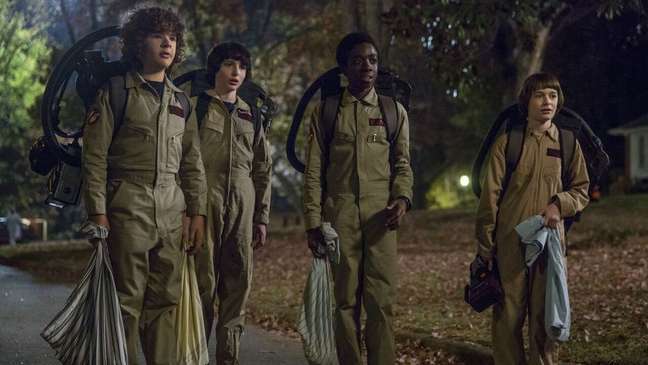 Caleb McLaughlin with Finn Wolfhard, Noah Schnapp and Gaten Matarazzo in a scene from the second season of 