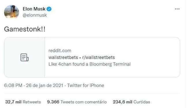 Elon Musk's tweet set the eye on the hurricane in GameStop's actions and brought the financial move to general attention (Image: Screenshot / Felipe Demartini / Canaltech) Elon Musk's tweet set the eye on the hurricane in GameStop's actions and brought the financial move to general attention (Image: Screenshot / Felipe Demartini / Canaltech)