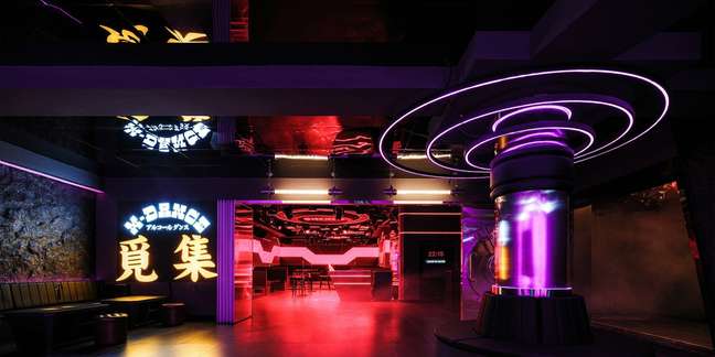 This bar features an eclectic display of sound, light and color
