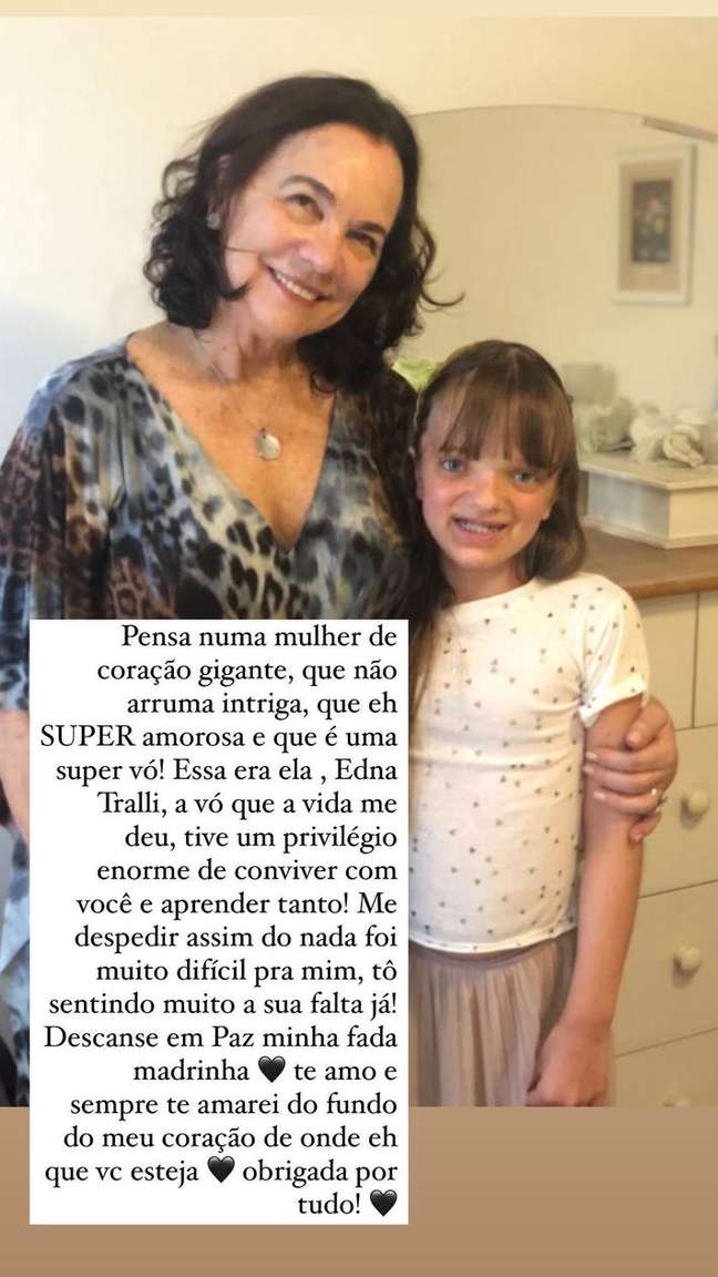 Rafaella Justus, daughter of Ticiane Pinheiro, also paid tribute to Edna Tralli on social media. Rafaella Justus, daughter of Ticiane Pinheiro, also paid tribute to Edna Tralli on social media.