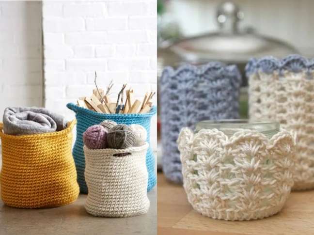 Crochet baskets are great for storing firewood, yarn and blankets. / Candle covers are a nice way to make a room feel more welcoming and charming. Crochet baskets are great for storing firewood, yarn and blankets. / Candle covers are a nice way to make a room feel more welcoming and charming.