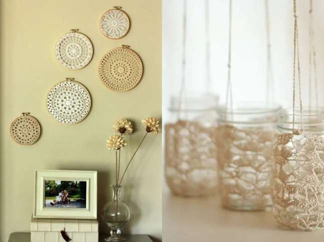 Have you ever thought about having a wall gallery of crochet pieces? This is a unique idea and a nice way to show off your hobby. / Hang your candles with these super charming candle holders. Have you ever thought about having a wall gallery of crochet pieces? This is a unique idea and a nice way to show off your hobby. / Hang your candles with these super charming candle holders.