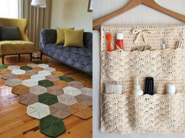 This colorful hexagonal piece is the perfect solution for a modern living room and will add color and pattern to the space. / Opt for a crochet organizer: These pockets can be hand made to organize your bathroom a bit. This colorful hexagonal piece is the perfect solution for a modern living room and will add color and pattern to the space. / Opt for a crochet organizer: These pockets can be hand made to organize your bathroom a bit.