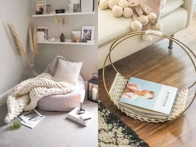 Create a reading nook with open shelves, an ottoman, a thick crochet blanket, a pillow, and a few scattered magazines and books. / This super stylish and creative item is perfect for storing your magazines! Create a reading nook with open shelves, an ottoman, a thick crochet blanket, a pillow, and a few scattered magazines and books. / This super stylish and creative item is perfect for storing your magazines!