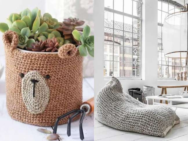 This super cute teddy bear vase cover will be loved by kids and adults alike. / A gray crochet pouf is super soft and cozy. This super cute teddy bear vase cover will be loved by kids and adults alike. / A gray crochet pouf is super soft and cozy.