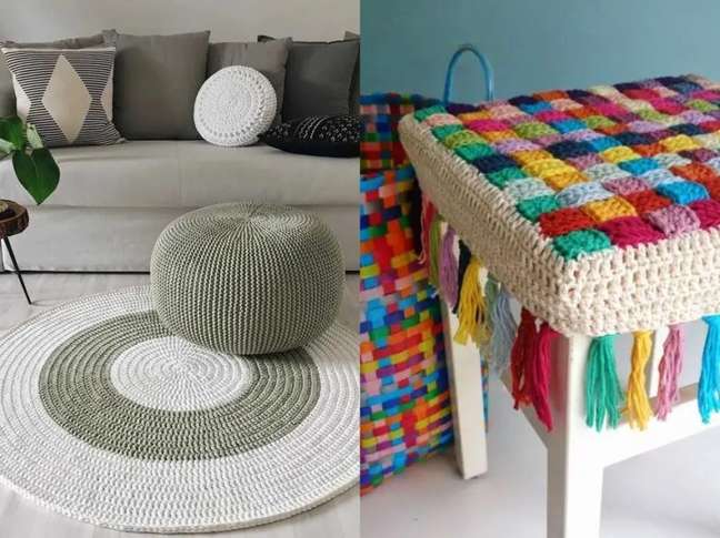 Remember that you can create patterns in your crochet projects. Here, the combination of white and green offers visual interest. / Decorate a bench with a colorful lining with tassels. Remember that you can create patterns in your crochet projects. Here, the combination of white and green offers visual interest. / Decorate a bench with a colorful lining with tassels.