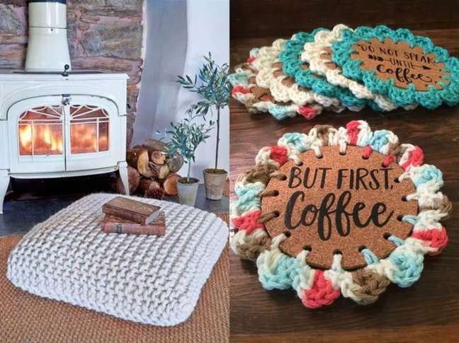 Just looking at this oversized pillow makes you want to lie down on it, doesn't it? / The bright crochet and cork coasters will add some fun and are still super practical. Just looking at this oversized pillow makes you want to lie down on it, doesn't it? / The bright crochet and cork coasters will add some fun and are still super practical.