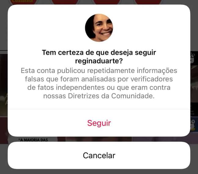 Regina Duarte is classified as a fake news disseminator by Instagram Regina Duarte is classified as a fake news disseminator by Instagram
