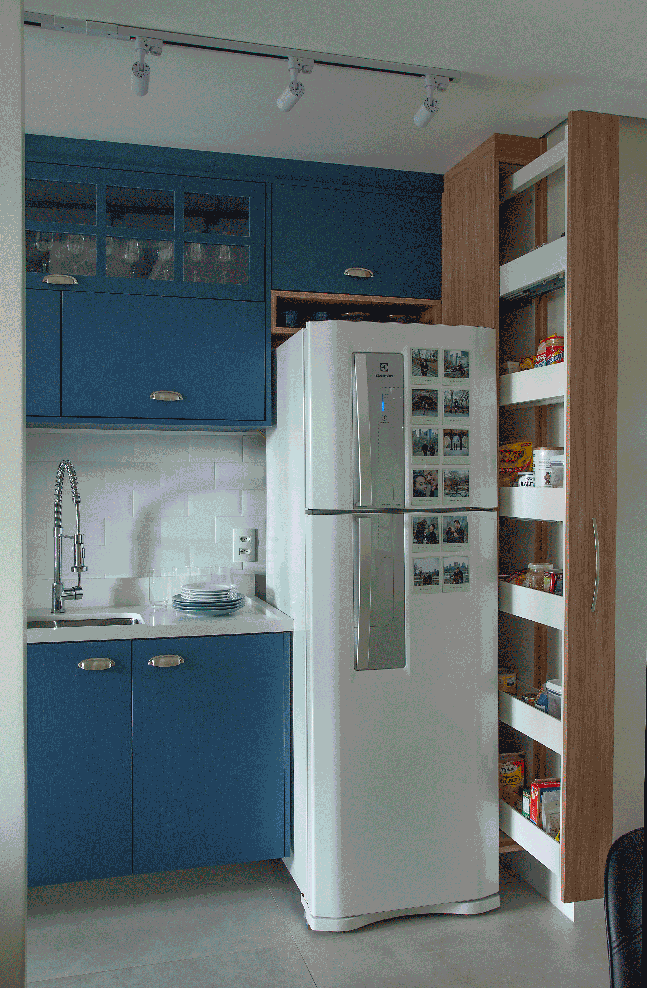 Functionality Completely Dictated This Bold Kitchen, Which Didn't Waste The Space Between The Refrigerator And The Wall, Bringing Six More Shelves For Residents To Store Groceries | Architectural project Bruno Moraes. Functionality Completely Dictated This Bold Kitchen, Which Didn't Waste The Space Between The Refrigerator And The Wall, Bringing Six More Shelves For Residents To Store Groceries | Architectural project Bruno Moraes.