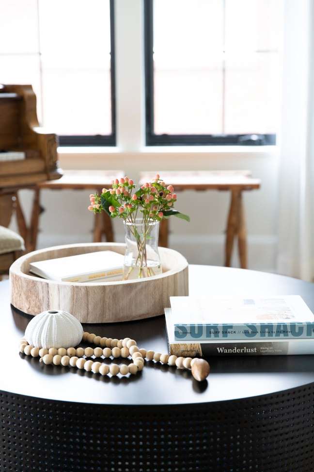 Wooden necklace on the coffee table Wooden necklace on the coffee table