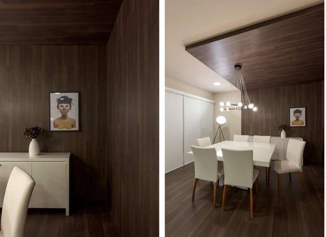 Two photos show a dining room where the wooden floor climbs over the walls and reaches part of the ceiling, delimiting the area.
