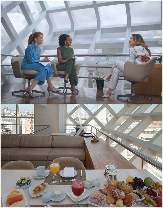 Poliana and Maju with Janja in the recording;  detail of the guests' breakfast table