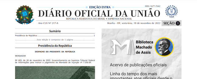 Mandado de Injunção foi despachado em página extra do Diário Oficial da União