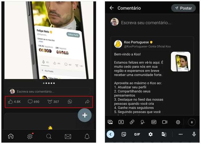 Use the app to share publications (Screenshot: André Magalhães) Use the app to share publications (Screenshot: André Magalhães)