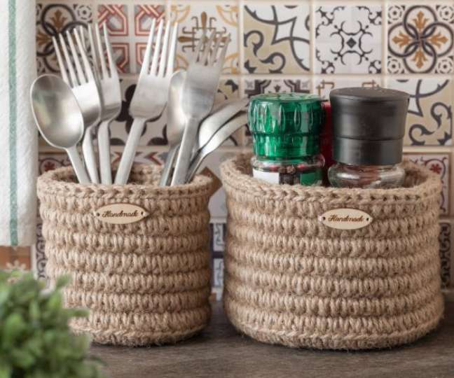 Storage baskets are a good way to use crochet in the kitchen -