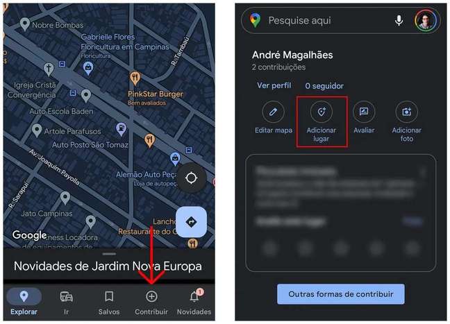 Access the contribution tab to add a new location on Maps (Screenshot: André Magalhães)