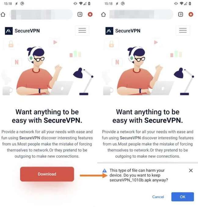 The targeted campaign had no specific goals, but uses fake websites and external downloads to contaminate Android phones with spyware (Image: Playback/ESET)