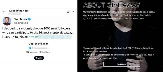 New followers of companies Elon Musk and Tesla or SpaceX join the list, with a fake tweet from the billionaire promoting a cryptocurrency scam (Image: Screenshot/Felipe Demartini/Canaltech) New followers of companies Elon Musk and Tesla or SpaceX join the list, with a fake tweet from the billionaire promoting a cryptocurrency scam (Image: Screenshot/Felipe Demartini/Canaltech)