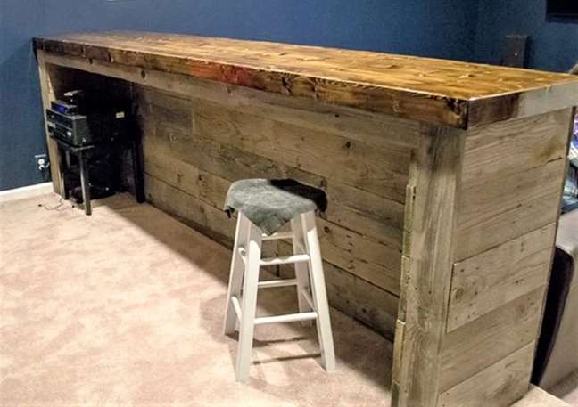 Pallet Bar - When you need to build a large home bar and are on a budget, should ultra expensive solid wood be the default choice? Of course. Do as Rebecca Farrant did and she uses worn pallet boards to instantly give it the look of an old pub. Pallet Bar - When you need to build a large home bar and are on a budget, should ultra expensive solid wood be the default choice? Of course. Do as Rebecca Farrant did and she uses worn pallet boards to instantly give it the look of an old pub.
