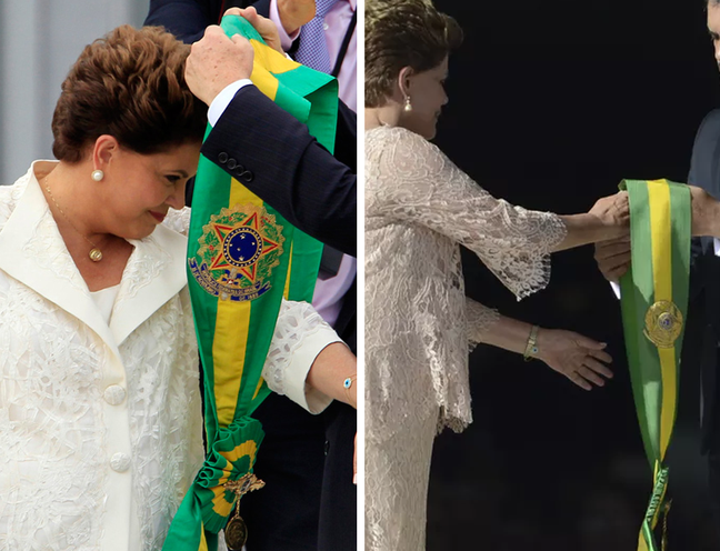 Comparison shows the banner Dilma received at the 2011 inauguration and the one she used at the 2014 inauguration
