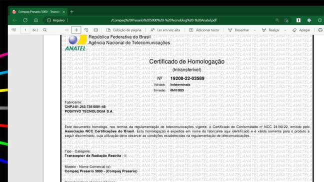 Compaq Presario 5000 type approval certificate 