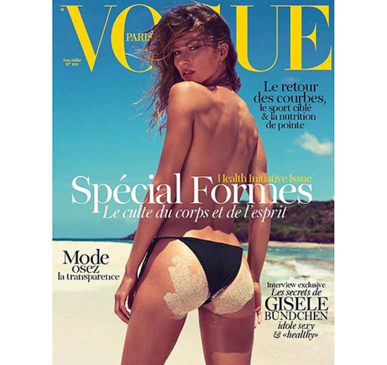 Em maio, Gisele Bündchen foi uma das mais comentadas no Twitter ao aparecer na capa da Vogue francesa usando biquíni e com o bumbum cheio de areia