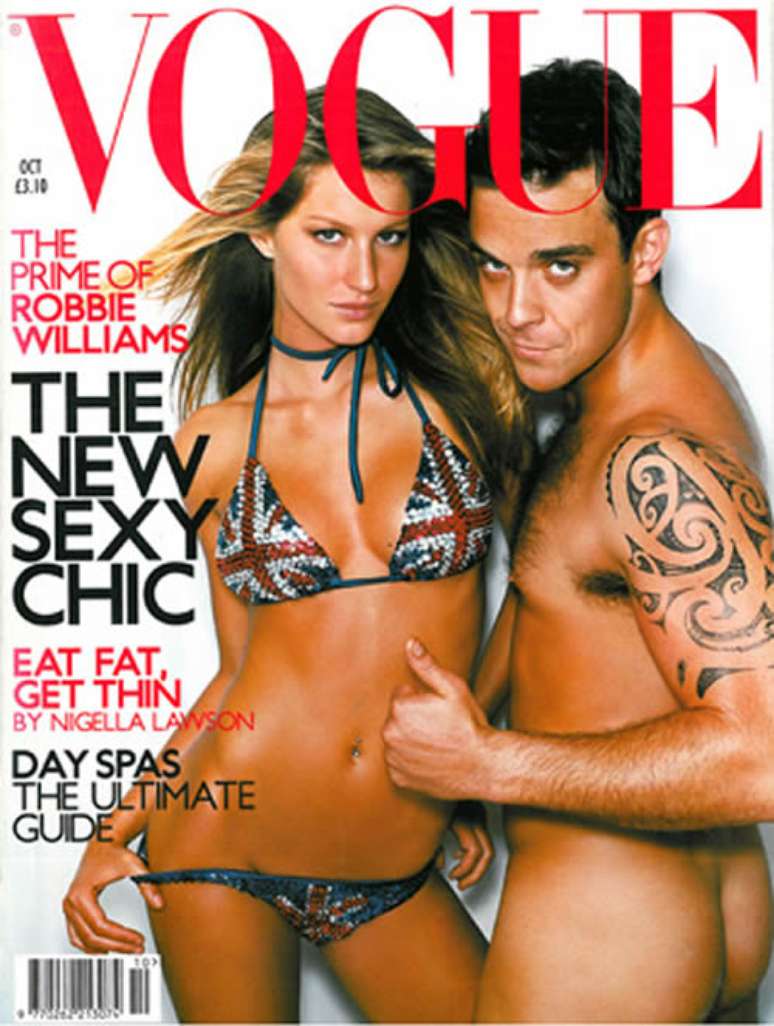 Gisele Bündchen aparece ao lado de Robbie Williams em fotos provocantes na capa da edição de outubro da Vogue inglesa, em 2000