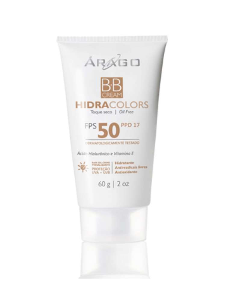 B.B Cream - HidraColors FPS 50 protege, tonaliza, combate o envelhecimento, oferece efeito mate e hidrata a pele.