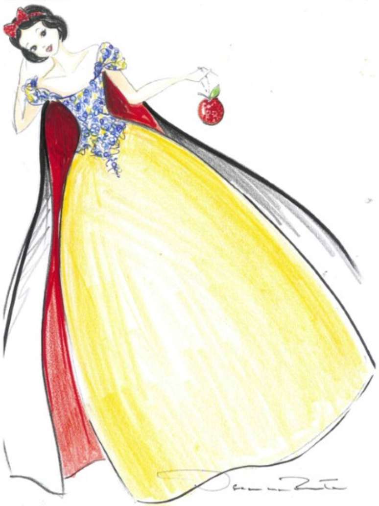 Branca de Neve, por Oscar de La Renta: o estilista manteve-se fiel às cores do look original da princesa e propôs bordados no corpo e uma bolsa em forma de maçã. A saia e capa chegam até o chão