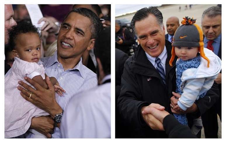 Uma justaposição de fotos de arquivo mostra o presidente dos EUA, Barack Obama (esquerda), carregando um bebê em Jamestown, Carolina do Norte, e o candidato Republicano à presidência, Mitt Romney (direita), com um bebê em Newington, New Hampshire. 18/10/2011, 3/11/2012