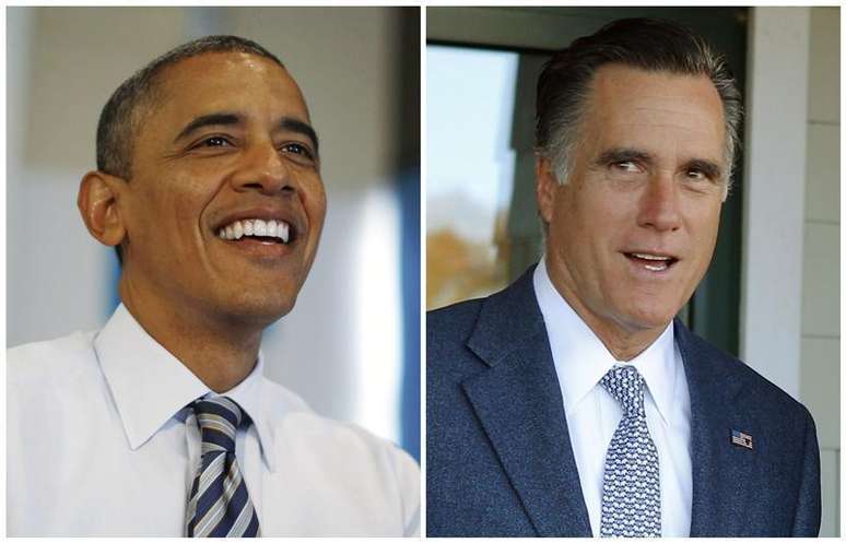 Uma montagem mostra o presidente dos EUA, Barack Obama, em meio a chamadas telefônicas a voluntários de sua campanha em Chicago e o candidato Republicano à preisdência dos EUA, Mitt Romney, deixando a sessão eleitoral após votar em Belmont, Massachusetts. 6/11/2012