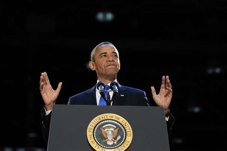 O presidente norte-americano, Barack Obama, profere discurso da vitória após ser reeleito para um mandato de mais quatro anos, na madrugada desta quarta-feira, em Chicago, nos Estados Unidos. 07/11/2012