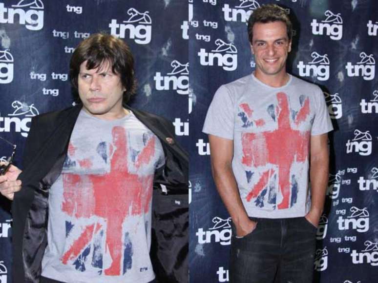 Rodrigo Lombardi e Paulo Ricardo escolheram a mesma camiseta para ir ao Fashion Rio