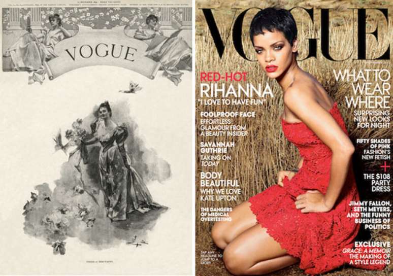 A 'Vogue' do passado era em preto e branco e trazia mulher com vestidão. A mais recente traz a cantora Rihanna na capa