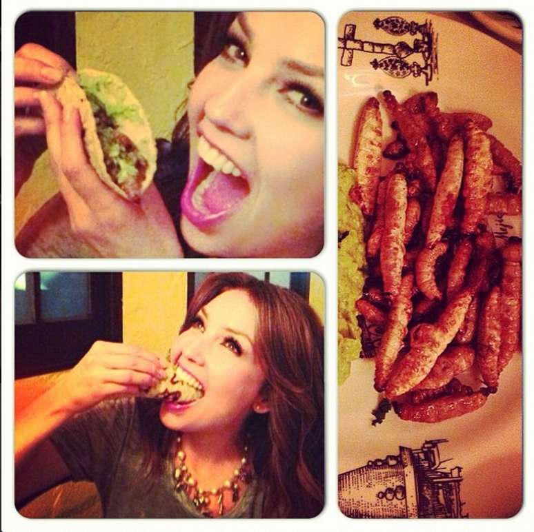 Thalia come tacos com larvas e posta foto; 'tão crocante'