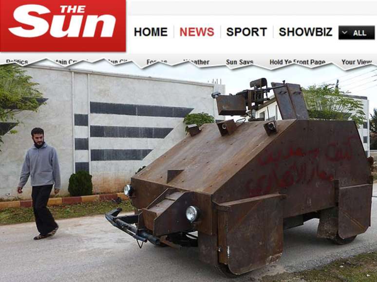 Imagem de reprodução exibe o tanque caseiro construído por rebeldes de Aleppo