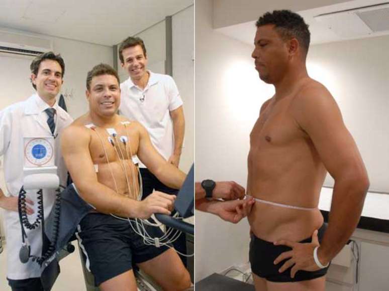 O ex-jogador posa com médicos em setembro, com 118 kg, e é clicado na última semana do 'Medida Certa', com 17,4KG a menos