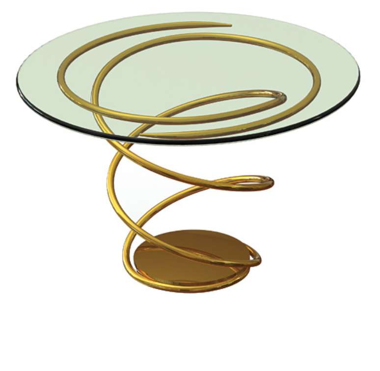 Esta mesa de vidro tem uma base de sustentação feita de metal folheado a ouro 24 quilates. São apenas 23 peças numeradas e assinadas