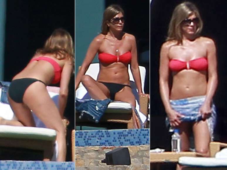 Curtindo sua folga de fim de ano, a atriz Jennifer Aniston foi vista novamente de biqu&iacute;ni em Cabo San Lucas, no M&eacute;xico, aproveitando o sol dos tr&oacute;picos. Ao lado do noivo Justin Theroux, ela aproveitou para se bronzear no resort