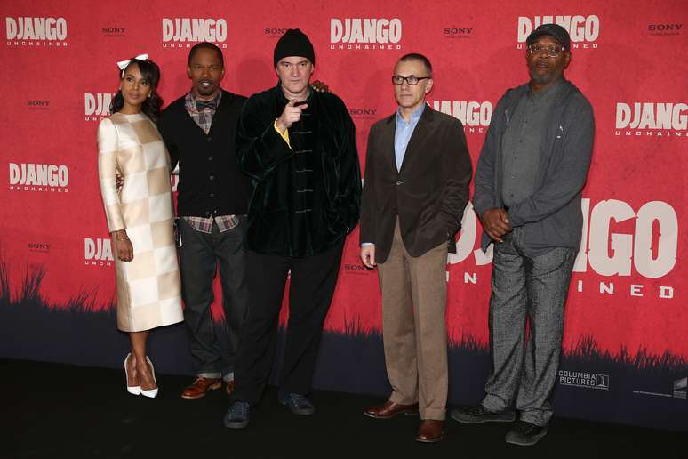 Da esquerda para a direita: Kerry Washington, Jamie Foxx, Quentin Tarantino, Christoph Waltz e Samuel L. Jackson, no Hotel de Roma, em Berlim