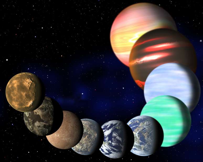 Imagem artística mostra diferentes tipos de planetas na Via Láctea detectados pelo Kepler 