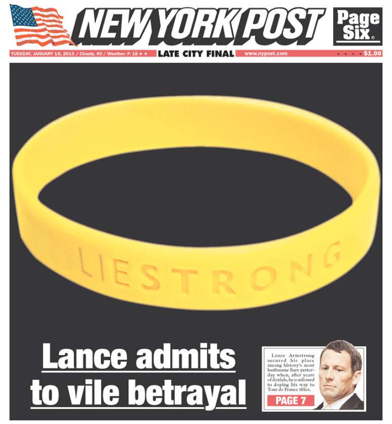 Jornal americano <i>New York Post</i>&nbsp;fez montagem alterando inscrição na pulseira da Livestrong