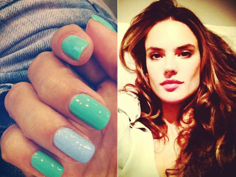 Alessandra Ambrósio apostou na tendência "filha única", com as unhas verdes e apenas uma em azul<br />