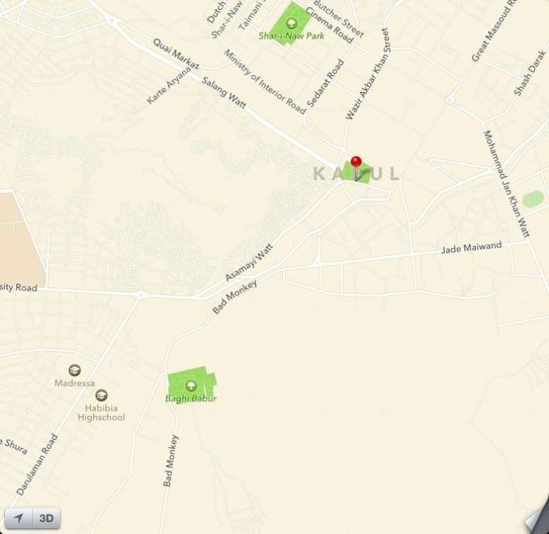 Mapa em Cabul exibe a rua 'Macaco Mau', ou Bad Monkey, graças a piadas de estudantes universitários