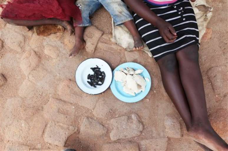 Membros da família Nkomo preparam refeições com larvas mopanes com farelos de milho cozido em Gwanda, Zimbabwe