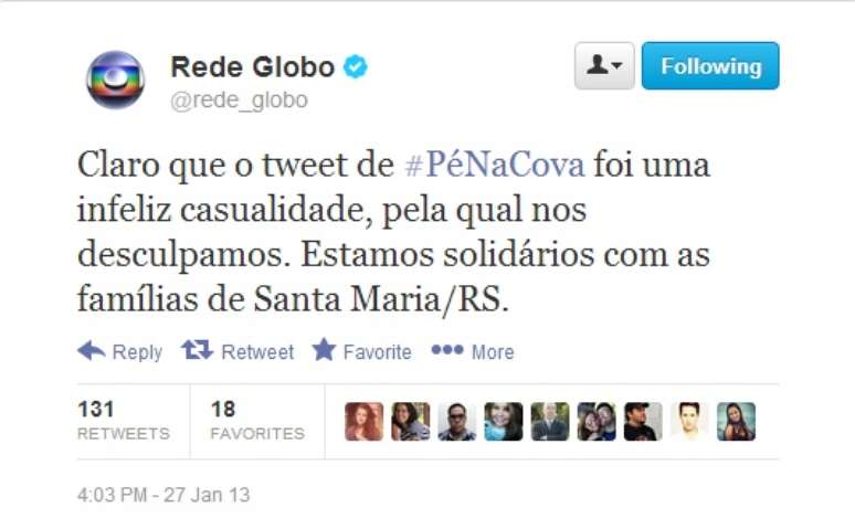 Em seu perfil oficial, a Rede Globo se desculpou por mensagem "infeliz", que convidava os internautas a criarem lápides interativas no site da série 'Pé na Cova'